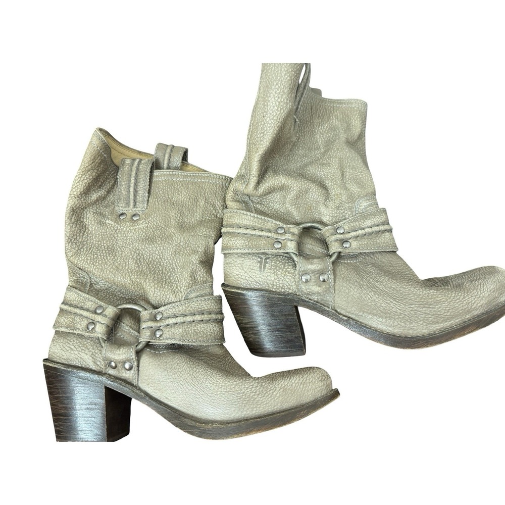 FRYE Carmen Harness Moto Boots Women 8 B Leather Taupe 77376 Pull On